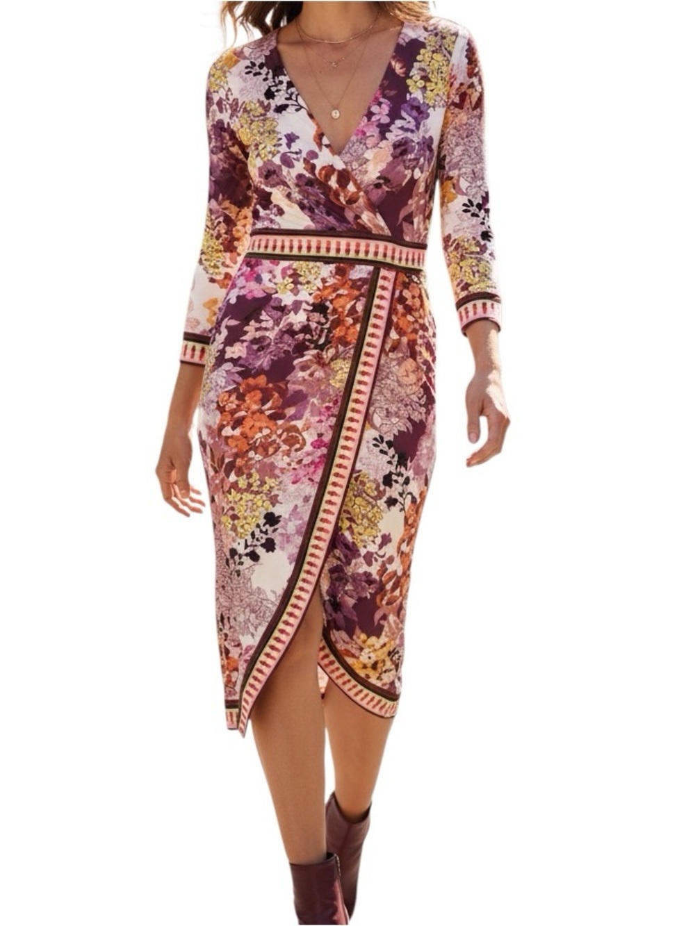 Beigh by ECI Faux Wrap Floral Stretch Knit Cottage Pink Dress Size 4